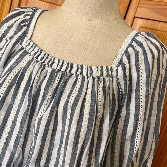 NWT Cafe Marrakesh Blue White Stripe Eyelet Elbow Length Square Neck Shirt Boho - Picture 5 of 9